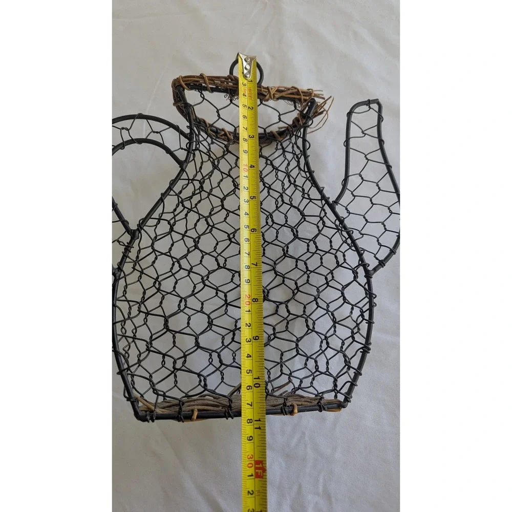 Vintage Farmhouse Black Chicken Wire Teapot Wall Hanging Basket Wicker Trim